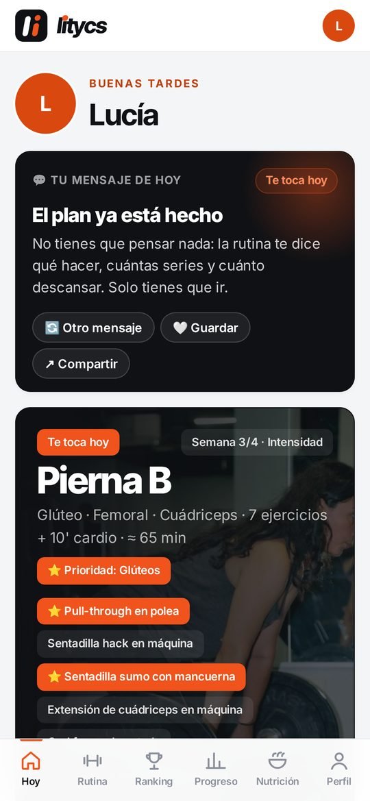 Pantalla Hoy de Litycs con el entreno del día